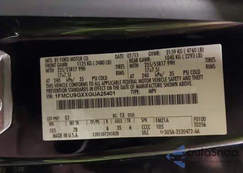 2016 Ford Escape Se из США, поврежденный, VIN 1FMCU9GXXGUA25401